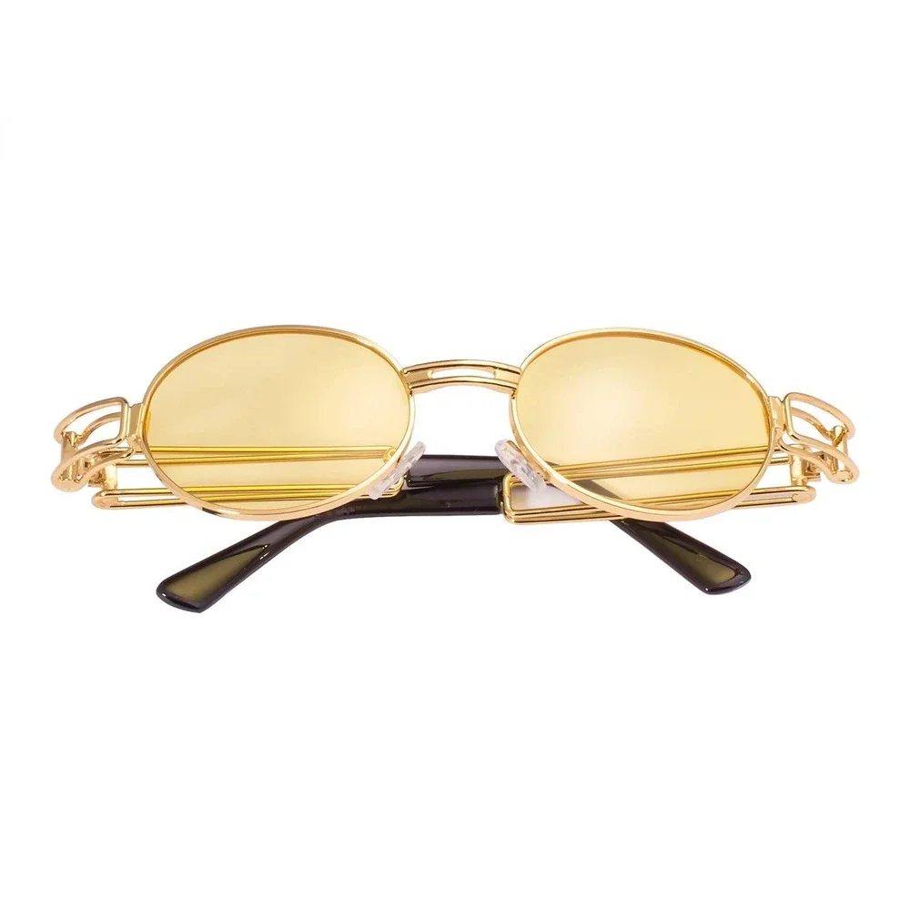Gold Frame Sunglasses Yellow Lens UV400‎ Protection Men Classy Retro Oval Shades